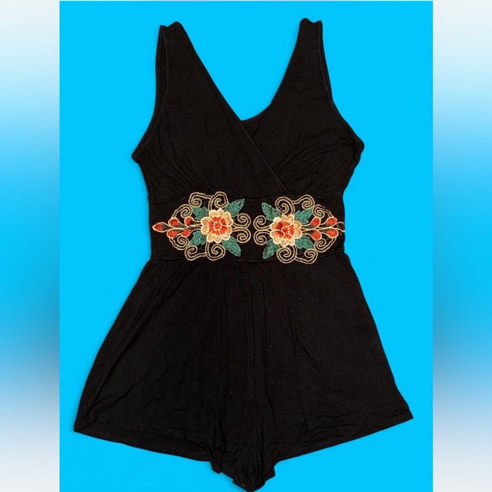 Elegant Black Floral Embroidered Women's Romper